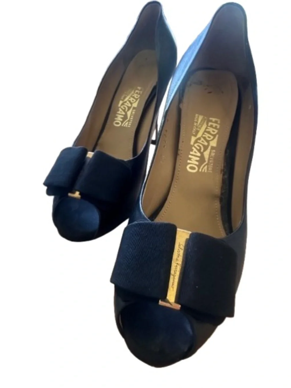 SALVATORE FERRAGAMO Black Leather Vara Bow Peep Toe Heels
